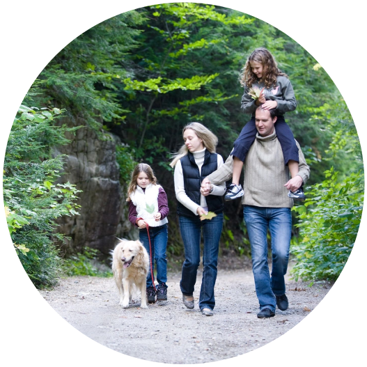 A family walking down the road with their dog.